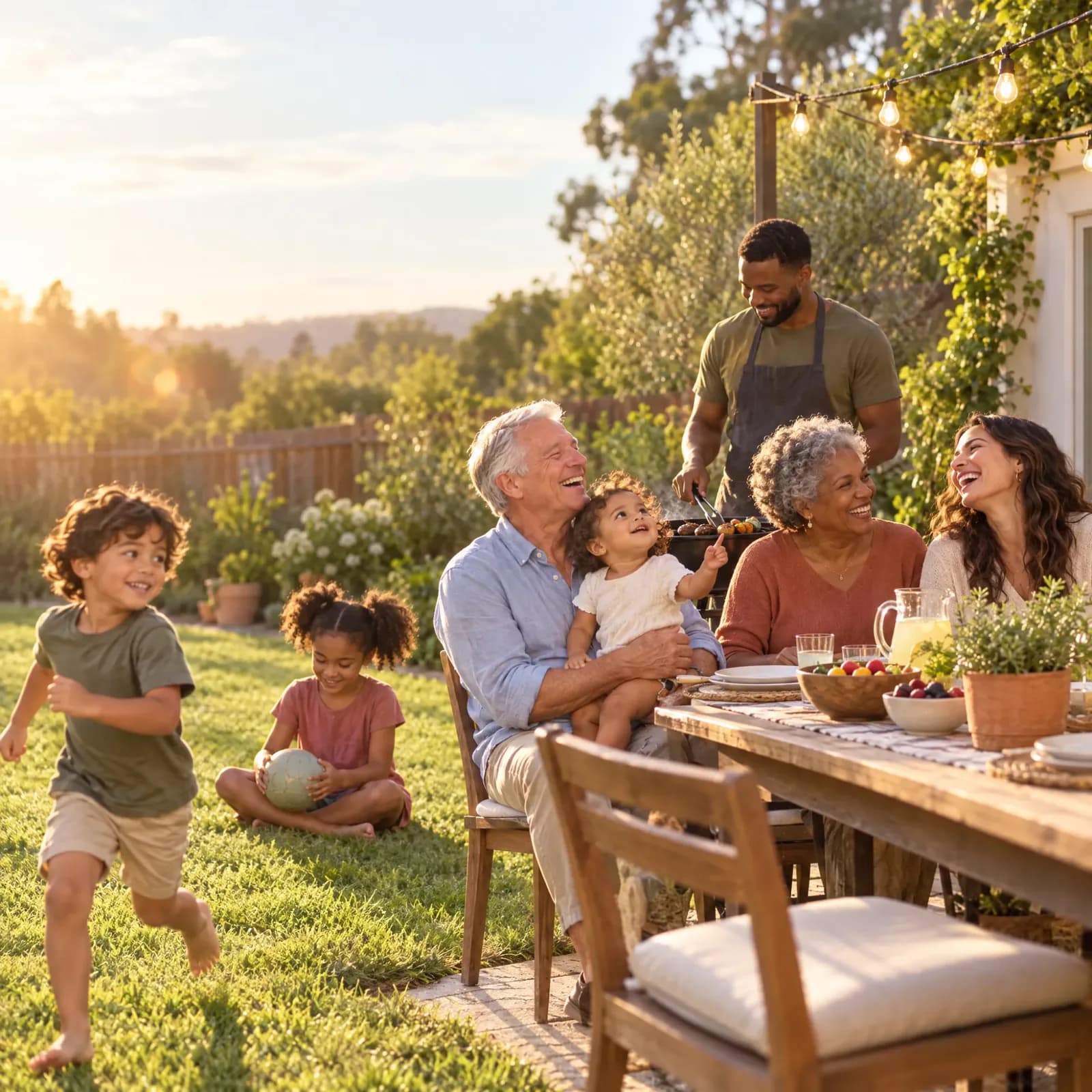 Grandparents laughing at a backyard table with their family while the kids play on the grass