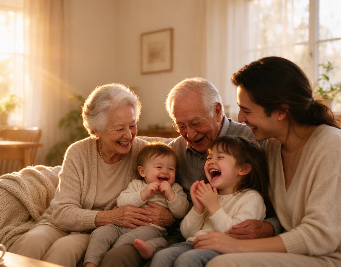 Grandparents, their daughter and two small grandchildren laughing together on a sofa in morning light