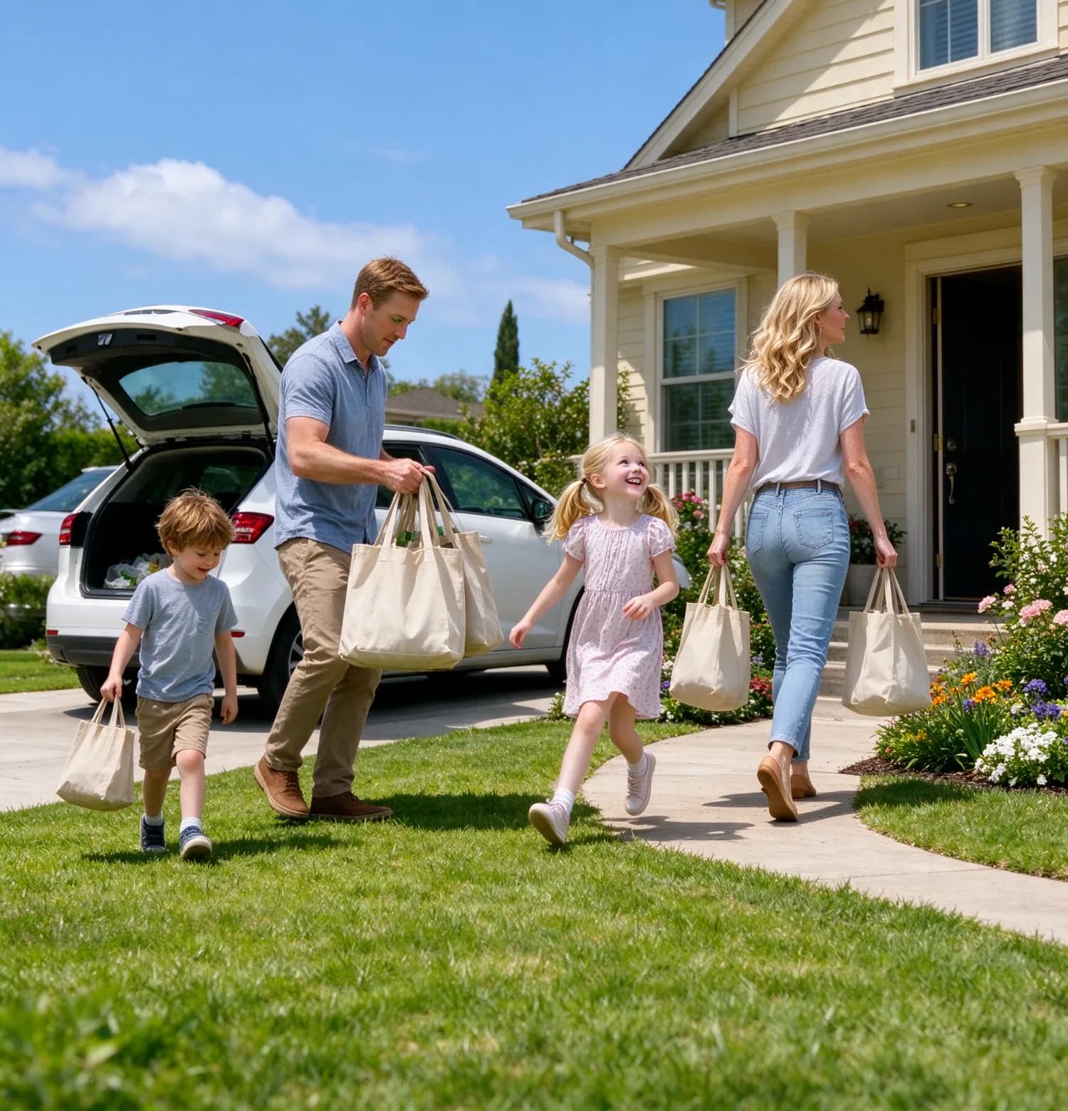 A family carrying grocery bags across the lawn to their front porch